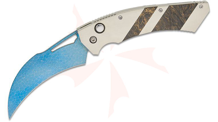 Reese Weiland Custom Knives Hawk Gen II AUTO Folding Knife 3.875 inch Blued Nebula Damascus Hawkbill Blade, Hand Satin Titanium Handles with Dark Matter Gold FatCarbon Inlays