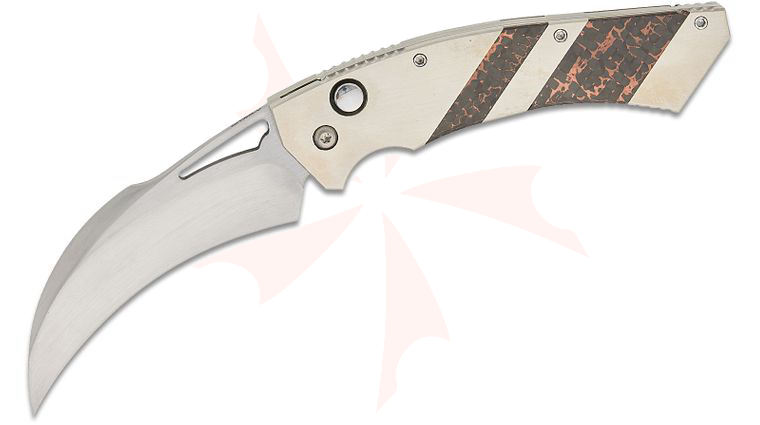 Reese Weiland Custom Knives Hawk Gen II AUTO Folding Knife 3.875 inch Nitro-V Hand Rubbed Satin Hawkbill Blade, Hand Satin Titanium Handles with Snake Skin Copper FatCarbon Inlays