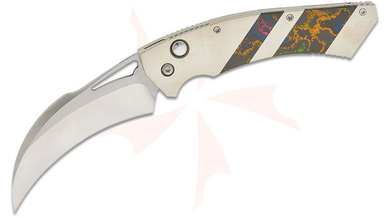 Reese Weiland Custom Knives Hawk Gen II AUTO Folding Knife 3.875 inch Nitro-V Hand Rubbed Satin Hawkbill Blade, Hand Satin Titanium Handles with 80's CamoCarbon Inlays