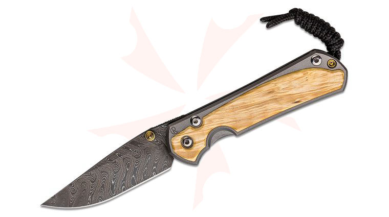 Chris Reeve Small Sebenza 31 Folding Knife 2.99 inch Nichols Boomerang Damascus Blade, Titanium Handles with Box Elder Burl Inlays