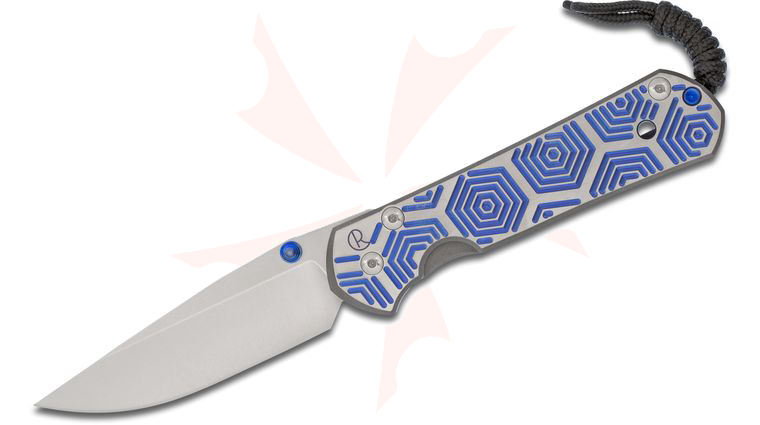 Chris Reeve Large Sebenza 21 Blue Hex CGG Folding Knife 3.625 inch S35VN Stonewashed Blade, Milled Titanium Handles