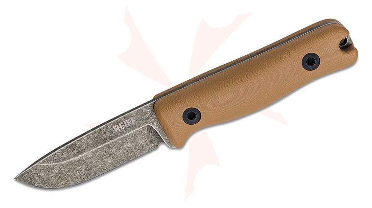 Reiff Knives F3 EDC Fixed Blade Knife 2.9 inch CPM-3V Acid Stonewashed Drop Point Blade, Coyote Tan G10 Handles, Leather Sheath
