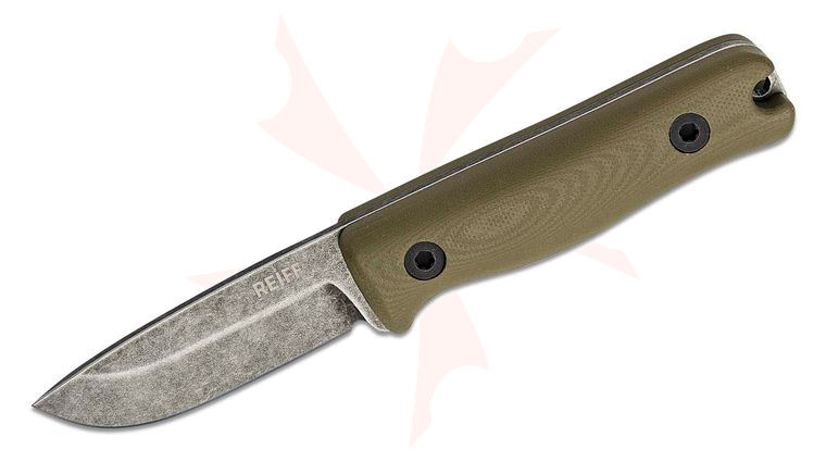 Reiff Knives F3 EDC Fixed Blade Knife 2.9 inch CPM-3V Acid Stonewashed Drop Point Blade, OD Green G10 Handles, Leather Sheath