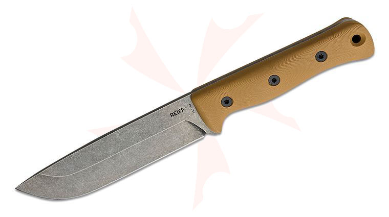 Reiff Knives F6 Leuku Fixed Blade Knife 6 inch CPM-3V Acid Stonewashed Drop Point, Coyote Tan G10 Handles, Leather Sheath