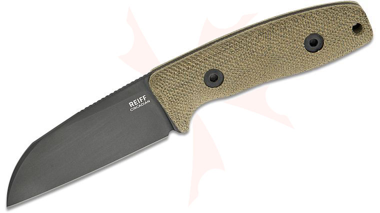 Reiff Knives Circadian EDC Fixed Blade Knife 3.28 inch CPM-MagnaCut Black DLC Sheepsfoot Blade, OD Green Canvas Micarta Handles, Ambidextrous Universal Kydex Sheath