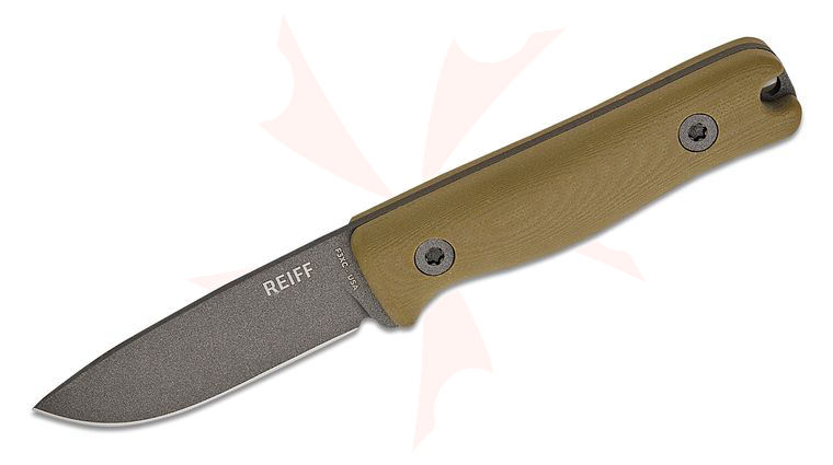 Reiff Knives F3XC Extreme Conditions EDC Fixed Blade Knife 2.9 inch CPM-3V Tungsten Cerakote Drop Point Blade, OD Green G10 Handles, Leather Sheath