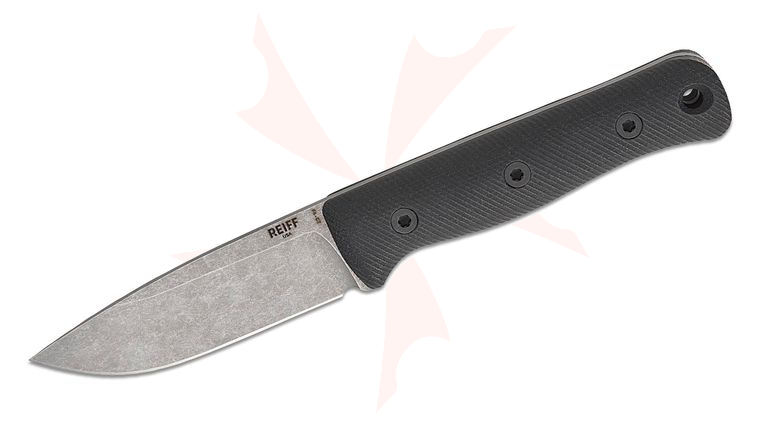 Reiff Knives F4 GEN2 Bushcraft Fixed Blade Knife 4 inch CPM-3V Stonewashed Drop Point Blade, Black Canvas Micarta Handles, Ambidextrous Kydex Sheath