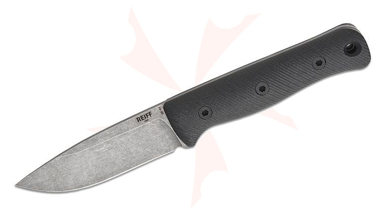 Reiff Knives F4 GEN2 Bushcraft Fixed Blade Knife 4 inch CPM-3V Stonewashed Drop Point Blade, Black G10 Handles, Ambidextrous Kydex Sheath