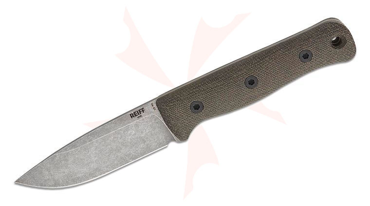 Reiff Knives F4 GEN2 Bushcraft Fixed Blade Knife 4 inch CPM-3V Stonewashed Drop Point Blade, Green Canvas Micarta Handles, Ambidextrous Kydex Sheath