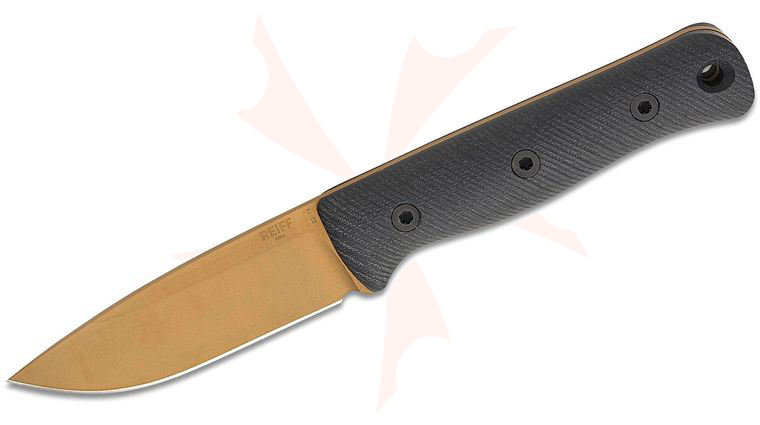Reiff Knives F4 GEN2 Bushcraft Fixed Blade Knife 4 inch CPM-3V FDE DLC Drop Point Blade, Black G10 Handles, Ambidextrous Kydex Sheath