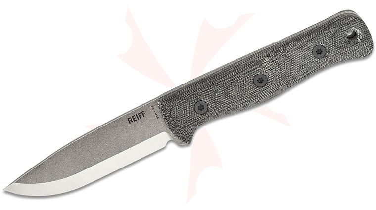 Reiff Knives F4 Scandi Bushcraft Fixed Blade Knife 4 inch CPM-3V Acid Stonewashed Drop Point Blade with Satin Scandi Bevel, Black Canvas Micarta Handles, Right Hand Leather Sheath