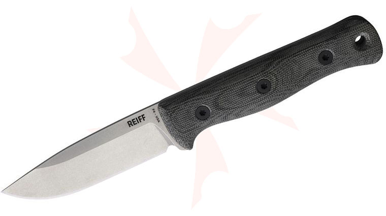 Reiff Knives F4 Bushcraft Fixed Blade Knife 4 inch CPM-MagnaCut Stonewashed Drop Point, Black Canvas Micarta Handles, Leather Sheath