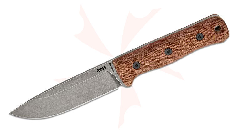 Reiff Knives F5 Field Survival Fixed Blade Knife 5 inch CPM-3V Acid Stonewashed Drop Point Blade, Natural Canvas Micarta Handles, Right Hand Black Kydex Sheath