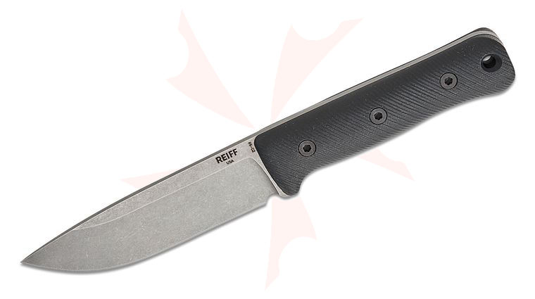 Reiff Knives F5 GEN2 Field Survival Fixed Blade Knife 5 inch CPM-MagnaCut Stonewashed Drop Point Blade, Black G10 Handles, Ambidextrous Universal Kydex Sheath
