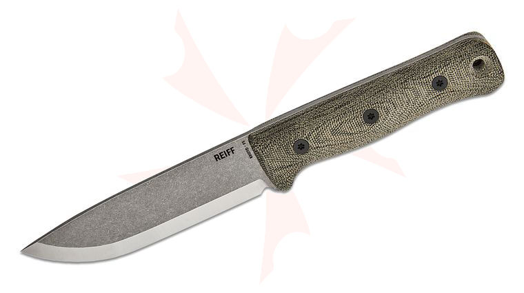 Reiff Knives S5 Glider Bushcraft Fixed Blade Knife 5 inch CPM-3V Acid Stonewashed Drop Point Blade with Satin Scandi Bevel, Black Canvas Micarta Handles, Right Hand Brown Crazy Horse Leather Sheath