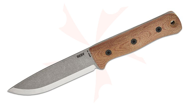 Reiff Knives S5 Glider Bushcraft Fixed Blade Knife 5 inch CPM-3V Acid Stonewashed Drop Point Blade with Satin Scandi Bevel, Natural Canvas Micarta Handles, Right Hand Brown Crazy Horse Leather Sheath