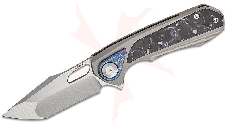 Remette Knives RT-Saker Falcon Frame Lock Flipper Knife 3 inch M390 Satin Compound Tanto Blade, Sand Blasted Titanium Handles with Black/Purple Carbon Fiber Inlays, Entropic Anodized Pivot Collar