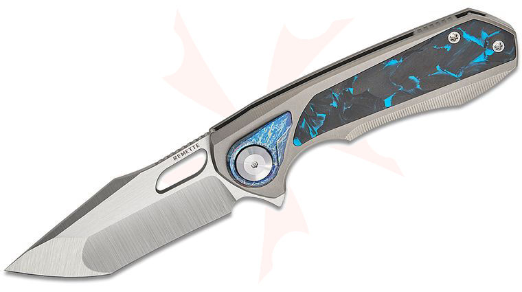Remette Knives RT-Saker Falcon Frame Lock Flipper Knife 3 inch M390 Satin Compound Tanto Blade, Sand Blasted Titanium Handles with Black/Blue Carbon Fiber Inlays, Entropic Anodized Pivot Collar