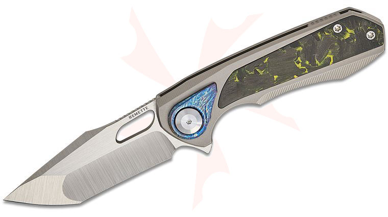 Remette Knives RT-Saker Falcon Frame Lock Flipper Knife 3 inch M390 Satin Compound Tanto Blade, Sand Blasted Titanium Handles with Black/Yellow Carbon Fiber Inlays, Entropic Anodized Pivot Collar