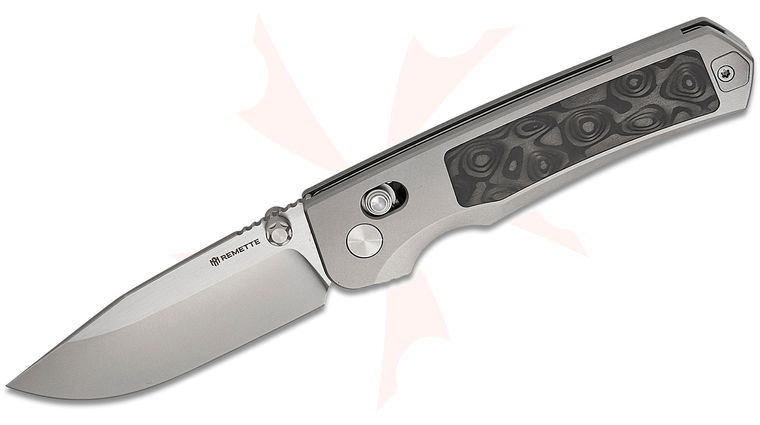 Remette Knives RT-Aurora Crossbar Lock Folding Knife 2.97 inch M390 Two-Tone Clip Point Blade, Sand Blasted Titanium Handles with Raindrop Carbon Fiber Inlays