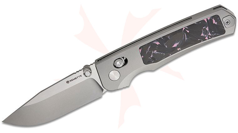 Remette Knives RT-Aurora Crossbar Lock Folding Knife 2.97 inch M390 Two-Tone Clip Point Blade, Sand Blasted Titanium Handles with Black/Pink Carbon Fiber Inlays