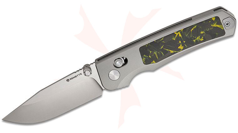 Remette Knives RT-Aurora Crossbar Lock Folding Knife 2.97 inch M390 Two-Tone Clip Point Blade, Sand Blasted Titanium Handles with Black/Yellow Carbon Fiber Inlays
