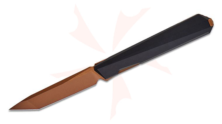Remette Knives Ostap Hel RT-ELIGO EGA2 Liner Lock Front Flipper Executive Knife 2.88 inch M390 Copper Tanto Blade, Black Titanium Handles, Black Titanium Cufflink