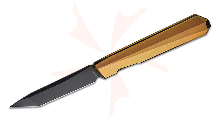 Remette Knives Ostap Hel RT-ELIGO EGA3 Liner Lock Front Flipper Executive Knife 2.88 inch M390 Pearlescent Black Tanto Blade, Gold Titanium Handles, Gold Titanium Cufflink