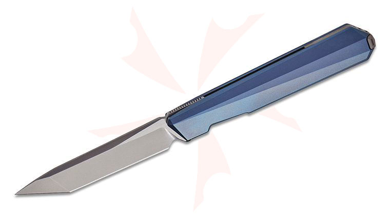 Remette Knives Ostap Hel RT-ELIGO EGA4 Liner Lock Front Flipper Executive Knife 2.88 inch M390 Pearlescent Satin Tanto Blade, Blue Titanium Handles, Blue Titanium Cufflink