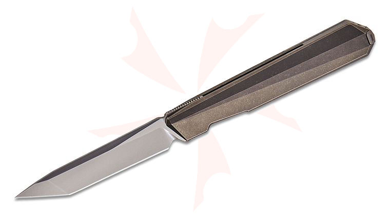 Remette Knives Ostap Hel RT-ELIGO EGA5 Liner Lock Front Flipper Executive Knife 2.88 inch M390 Pearlescent Satin Tanto Blade, Blasted Titanium Handles, Blasted Titanium Cufflink
