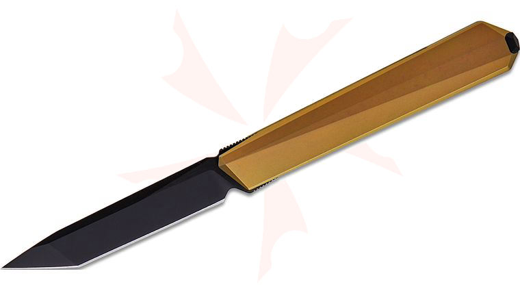 Remette Knives Ostap Hel RT-ELIGO EGB3 Slipjoint Double Detent Front Flipper Executive Knife 2.88 inch M390 Pearlescent Black Tanto Blade, Gold Titanium Handles, Gold Titanium Cufflink