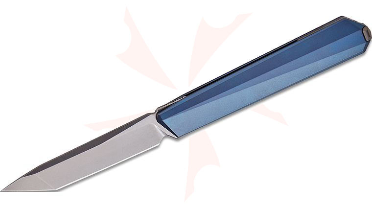 Remette Knives Ostap Hel RT-ELIGO EGB4 Slipjoint Double Detent Front Flipper Executive Knife 2.88 inch M390 Pearlescent Satin Tanto Blade, Blue Titanium Handles, Blue Titanium Cufflink