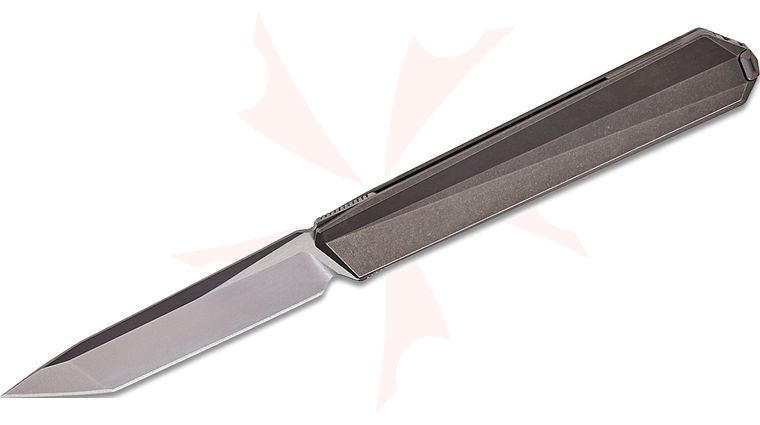 Remette Knives Ostap Hel RT-ELIGO EGB5 Slipjoint Double Detent Front Flipper Executive Knife 2.88 inch M390 Pearlescent Satin Tanto Blade, Blasted Titanium Handles, Blue Titanium Cufflink