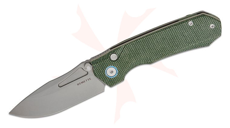 Remette Knives Rhino Front Flipper Knife 3.07 inch 14C28N Stonewashed Drop Point Blade, Military Green Micarta Handles