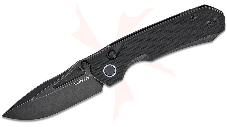 Remette Knives Rhino Button Lock Front Flipper Knife 3.07 inch D2 Black Stonewashed Drop Point Blade, Black G10 Handles