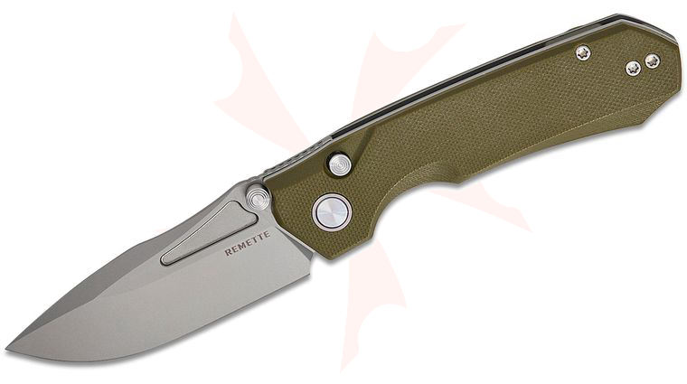 Remette Knives Rhino Button Lock Front Flipper Knife 3.07 inch D2 Sandblasted Drop Point Blade, OD Green G10 Handles