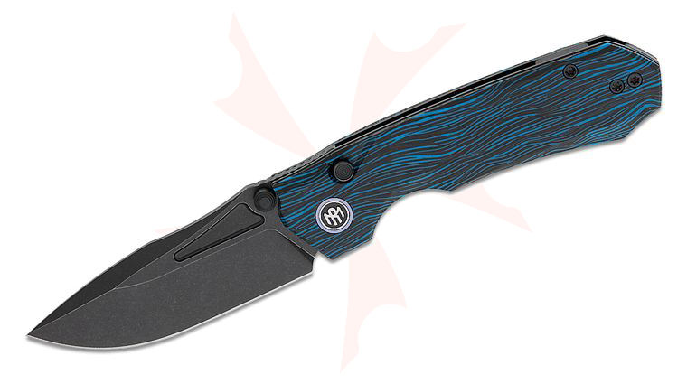 Remette Knives RT-Rhino Button Liner Lock Front Flipper Knife 3.07 inch 14C28N Black Stonewashed Drop Point Blade, Blue/Black G10 Handles