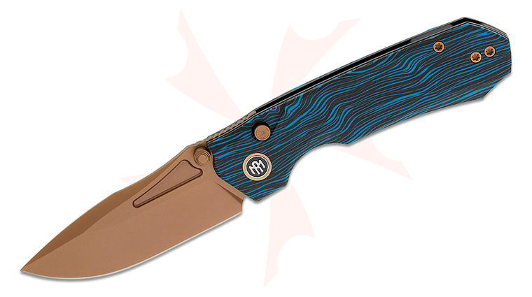 Remette Knives RT-Rhino Button Liner Lock Front Flipper Knife 3.07 inch 14C28N Copper TiNi Drop Point Blade, Blue/Black G10 Handles