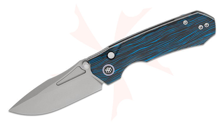 Remette Knives RT-Rhino Button Liner Lock Front Flipper Knife 3.07 inch 14C28N Sandblasted Drop Point Blade, Blue/Black G10 Handles