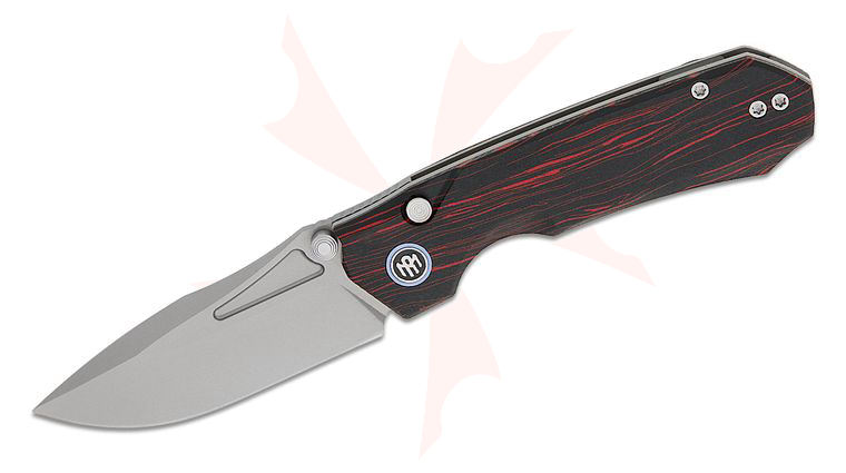 Remette Knives RT-Rhino Button Liner Lock Front Flipper Knife 3.07 inch 14C28N Sandblasted Drop Point Blade, Red/Black G10 Handles