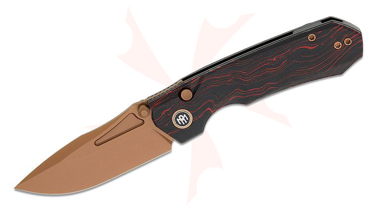Remette Knives RT-Rhino Button Liner Lock Front Flipper Knife 3.07 inch 14C28N Copper TiNi Drop Point Blade, Red/Black G10 Handles