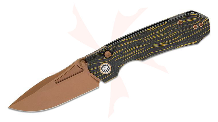 Remette Knives RT-Rhino Button Liner Lock Front Flipper Knife 3.07 inch 14C28N Copper TiNi Drop Point Blade, Yellow/Black G10 Handles