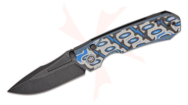 Remette Knives RT-Rhino Button Liner Lock Front Flipper Knife 3.07 inch D2 Black Stonewashed Drop Point Blade, Blue/White G10 Handles