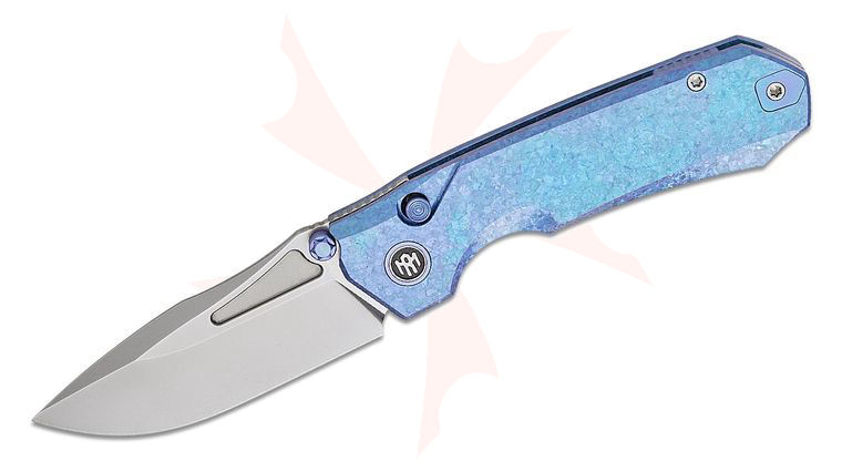 Remette Knives Rhino Button Lock Front Flipper Knife 3.07 inch M390 Pearlescent Drop Point Blade, Blurple Crystallized Titanium Handles