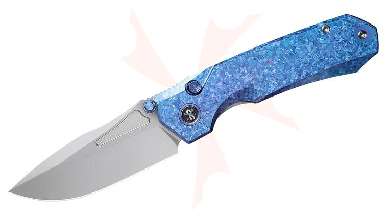Remette Knives Rhino Button Lock Front Flipper Knife 3.07 inch M390 Pearlescent Drop Point Blade, Blurple Crystallized Titanium Handles