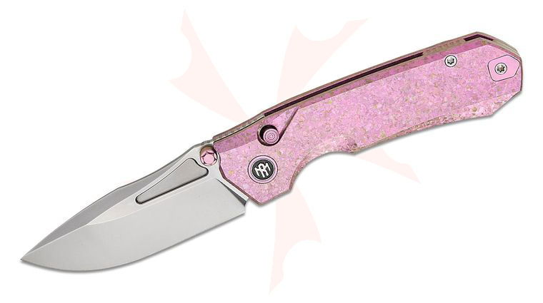 Remette Knives Rhino Button Lock Front Flipper Knife 3.07 inch M390 Pearlescent Drop Point Blade, Pink Crystallized Titanium Handles
