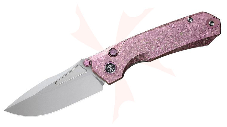 Remette Knives Rhino Button Lock Front Flipper Knife 3.07 inch M390 Pearlescent Drop Point Blade, Pink Crystallized Titanium Handles