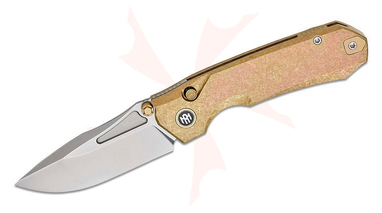 Remette Knives Rhino Button Lock Front Flipper Knife 3.07 inch M390 Pearlescent Drop Point Blade, Gold Crystallized Titanium Handles
