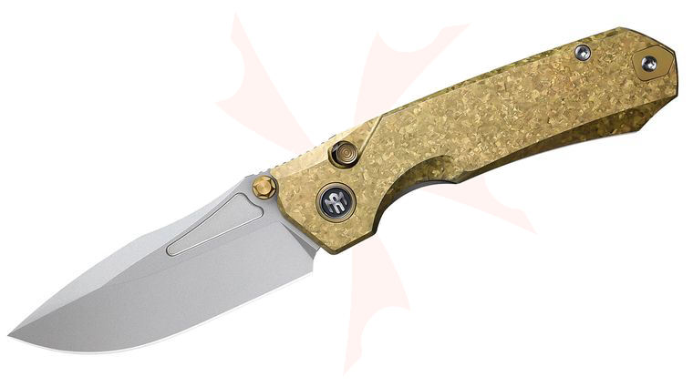 Remette Knives Rhino Button Lock Front Flipper Knife 3.07 inch M390 Pearlescent Drop Point Blade, Gold Crystallized Titanium Handles