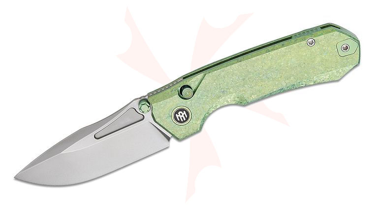 Remette Knives Rhino Button Lock Front Flipper Knife 3.07 inch M390 Pearlescent Drop Point Blade, Green Crystallized Titanium Handles